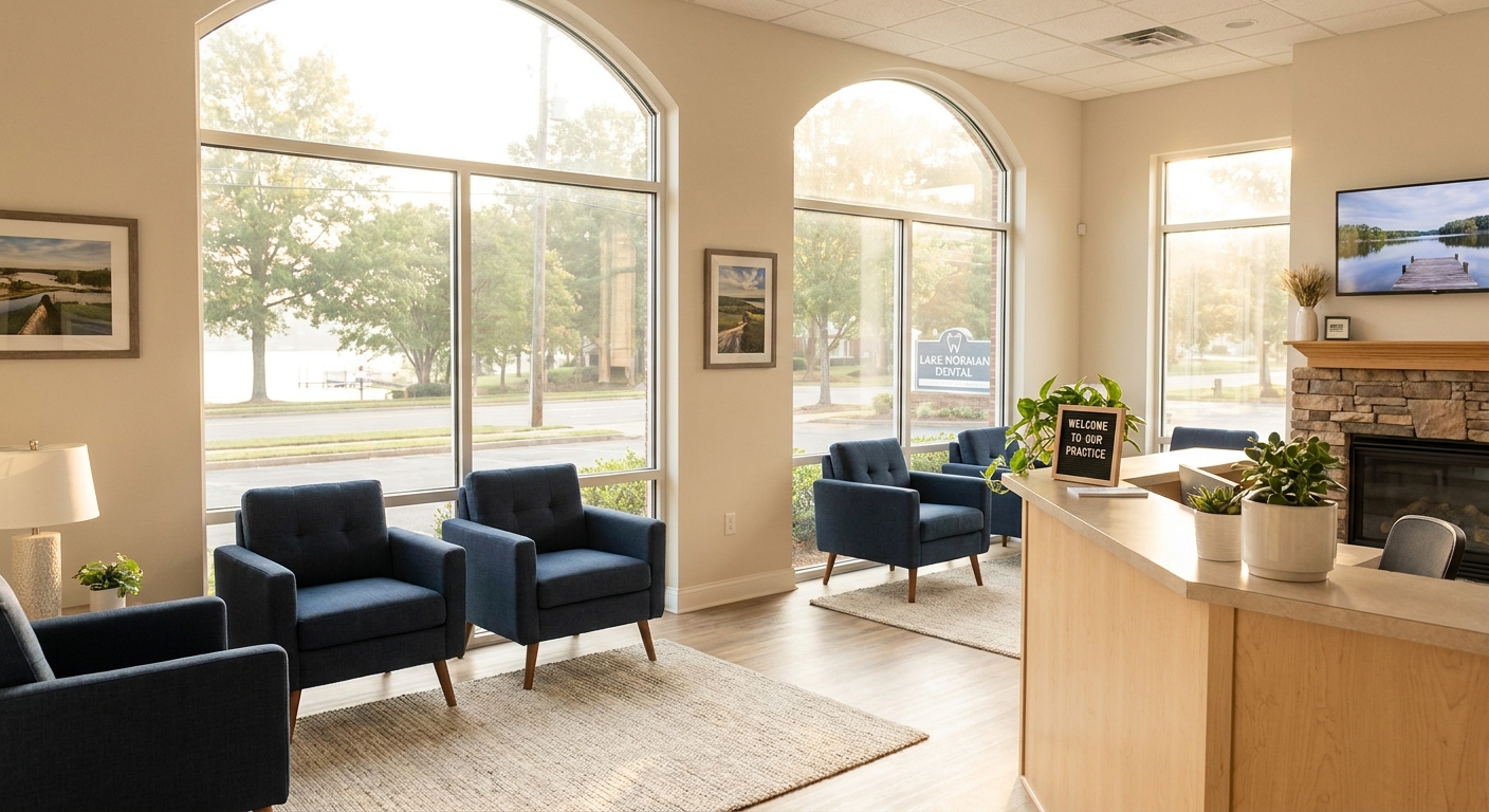 Bright and welcoming reception area at Rivers Edge Dental in Mooresville, NC with comfortable seating and natural light