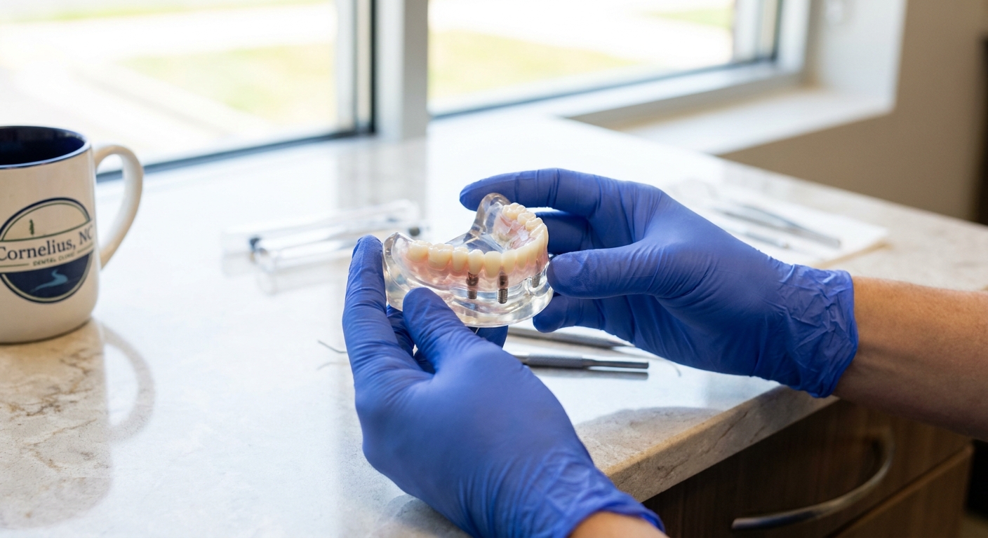 Lower snap denture with two implant attachments at Rivers Edge Dental in Cornelius NC