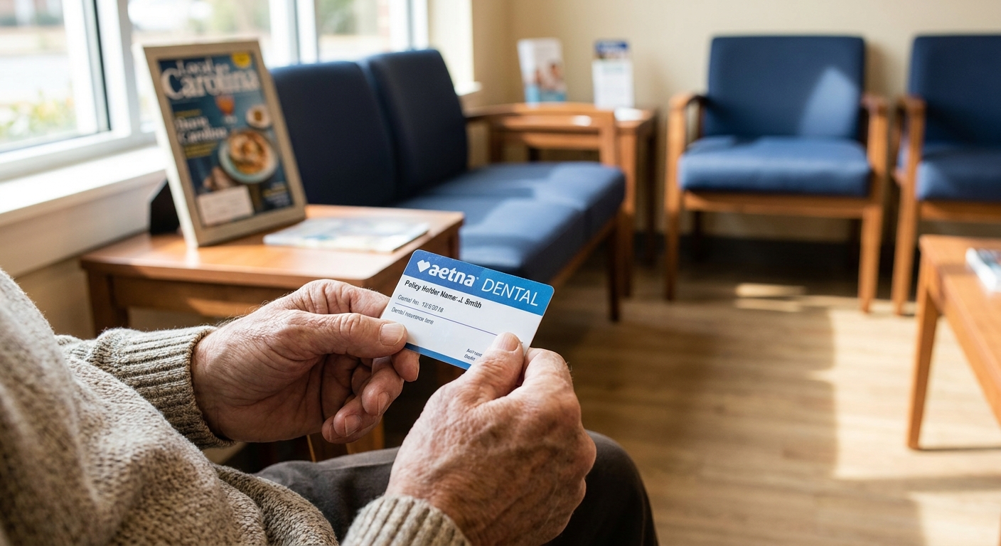 Patient holding Aetna dental insurance card in Rivers Edge Dental waiting room in Mooresville, NC