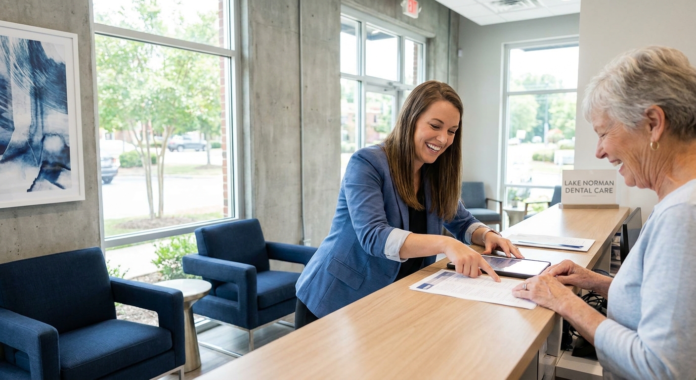 Receptionist at Rivers Edge Dental helping patient understand dental checkup costs and insurance coverage at the front desk