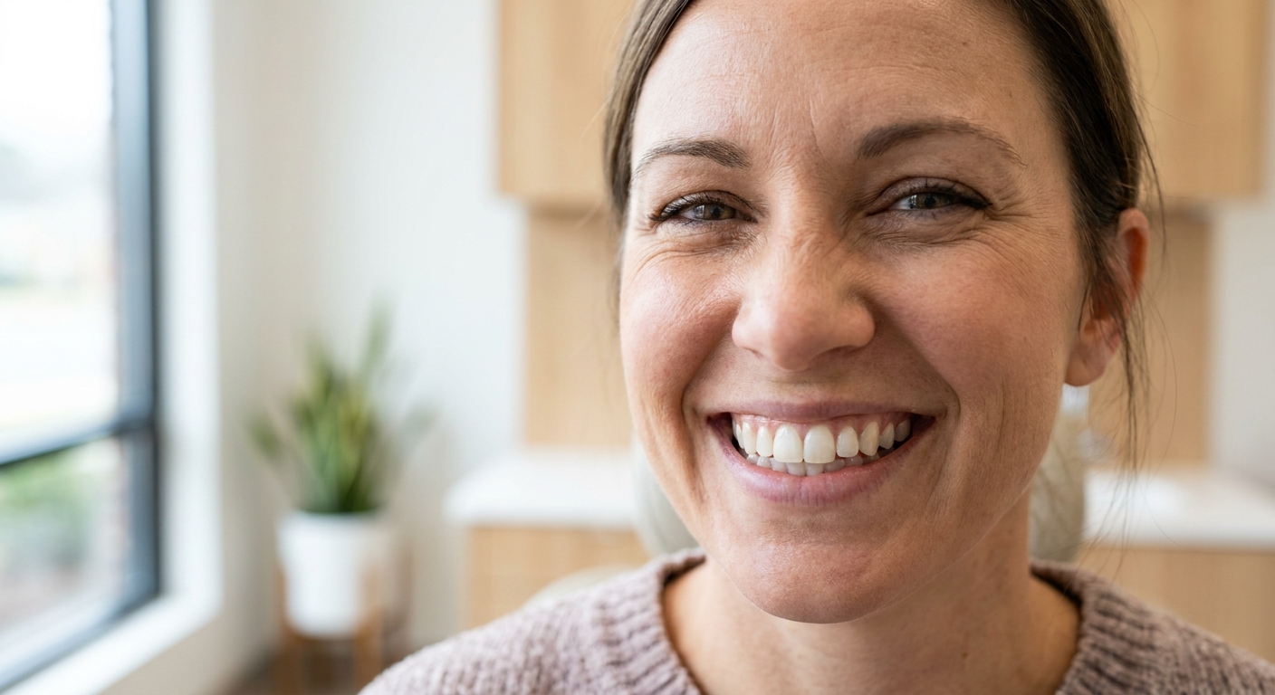 Close-up of a natural, confident smile showing healthy white teeth at Rivers Edge Dental in Mooresville, NC