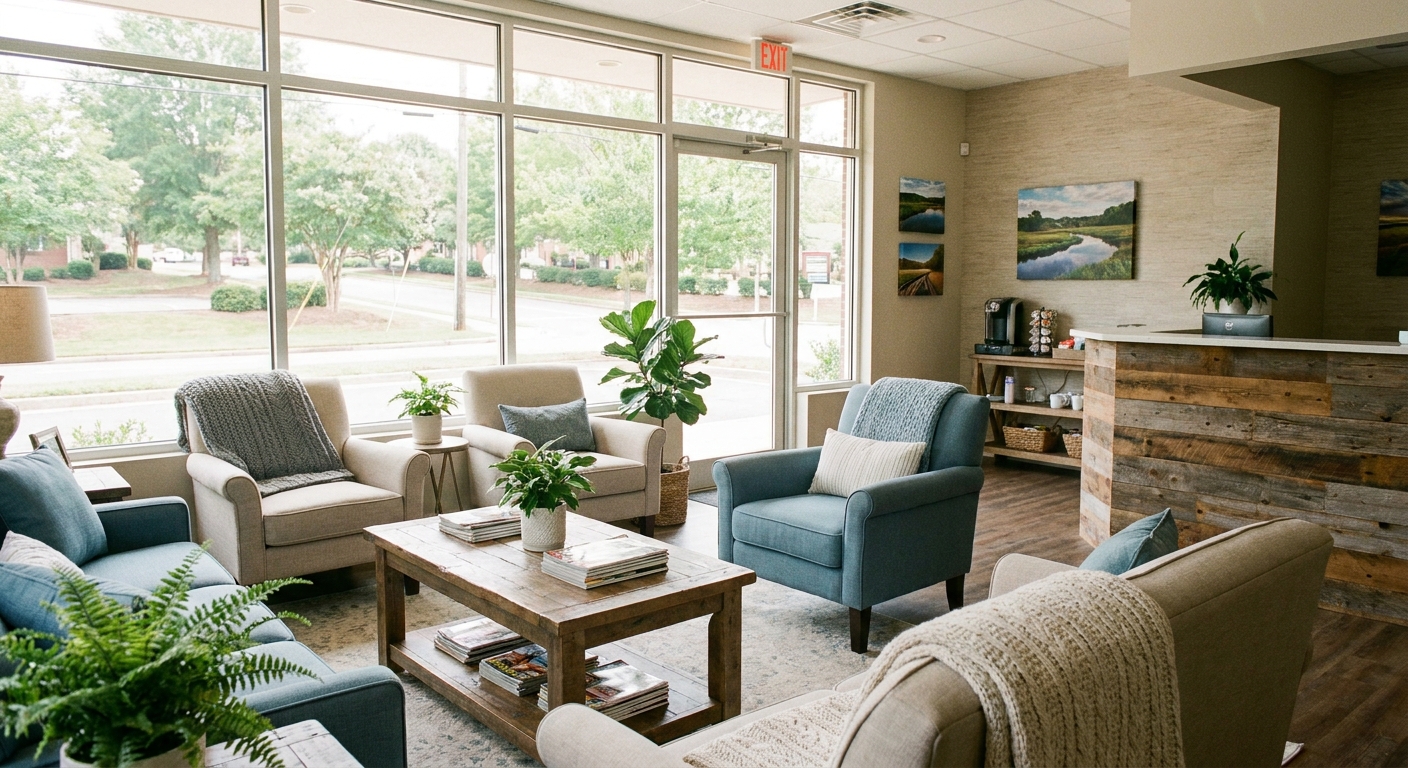 Comfortable dental office waiting room with natural light and calming blue accents in Mooresville, NC