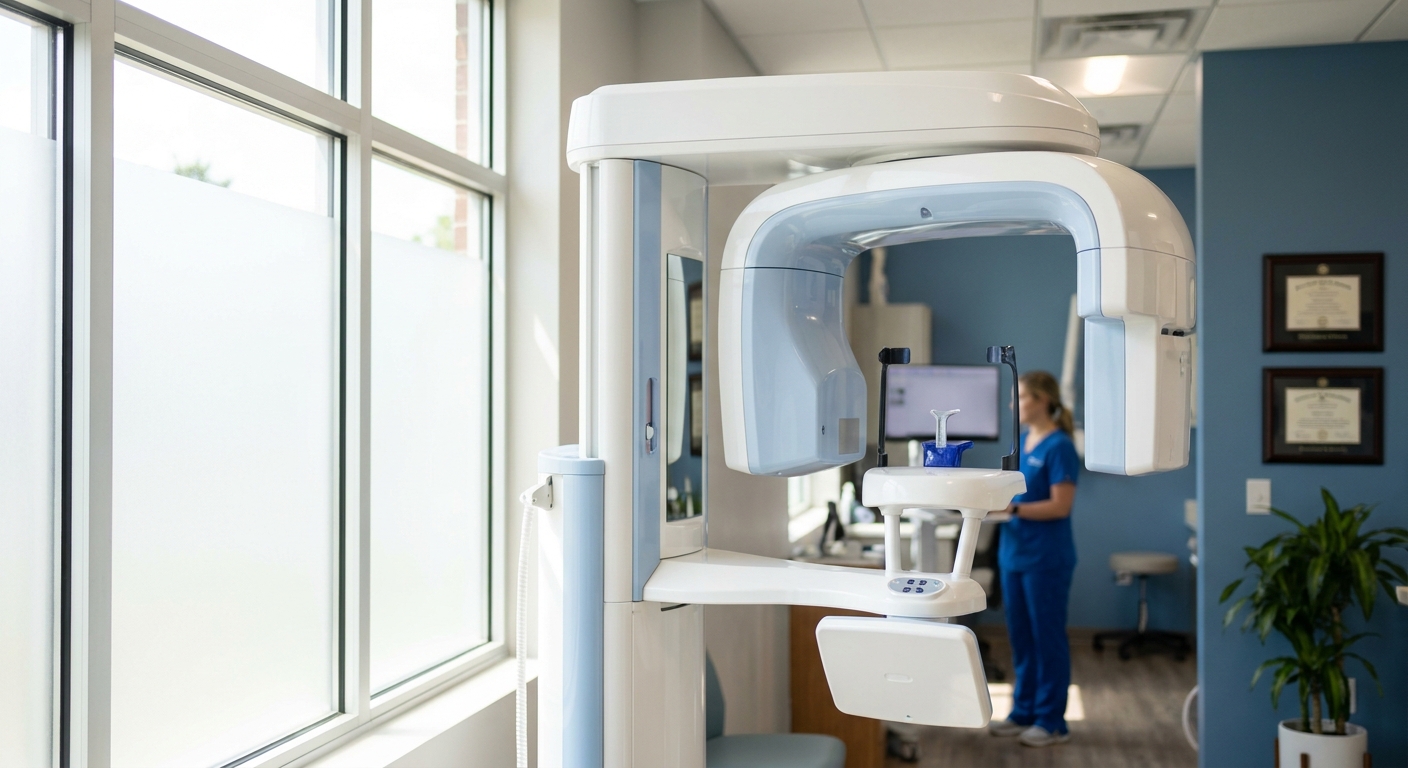 Open cone-beam CT scanner at Rivers Edge Dental showing the rotating arm, chin rest, and spacious design without enclosed tunnel
