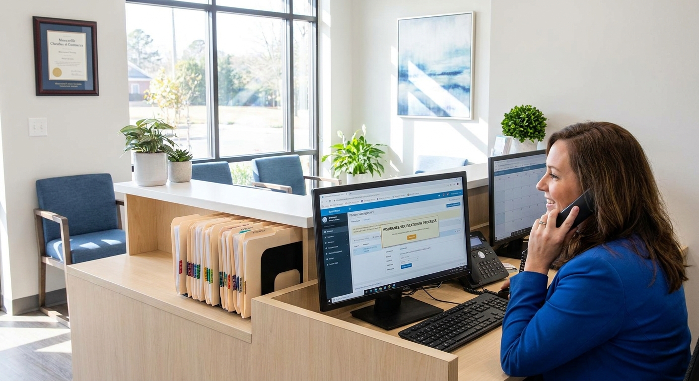 Rivers Edge Dental receptionist verifying Delta Dental insurance coverage by phone at the front desk in Mooresville, NC