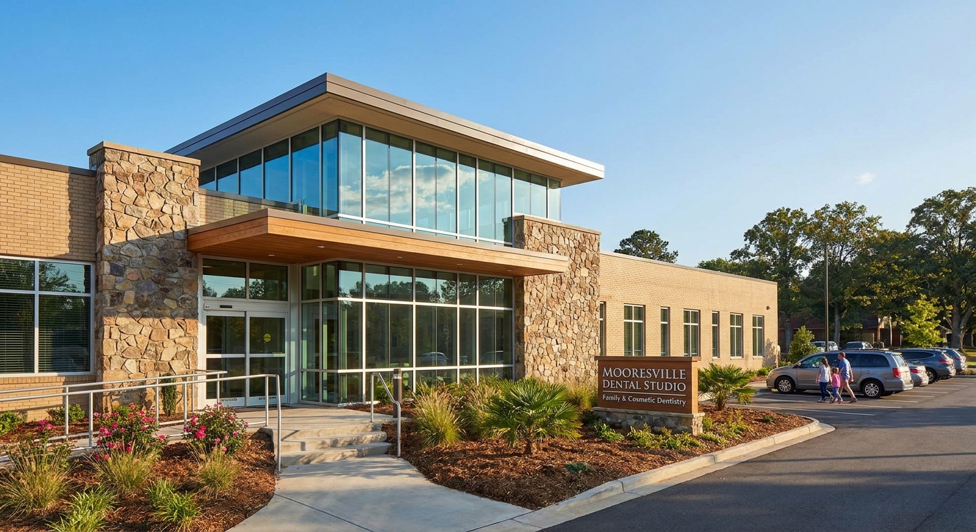 Rivers Edge Dental office exterior in Mooresville, NC, showing the welcoming entrance and parking area where Cornelius families arrive for general dentistry appointments
