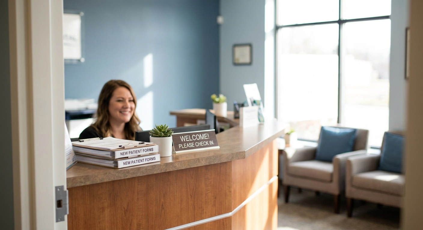 Bright dental office reception area with friendly front desk and natural lighting, showing welcoming atmosphere for new patients