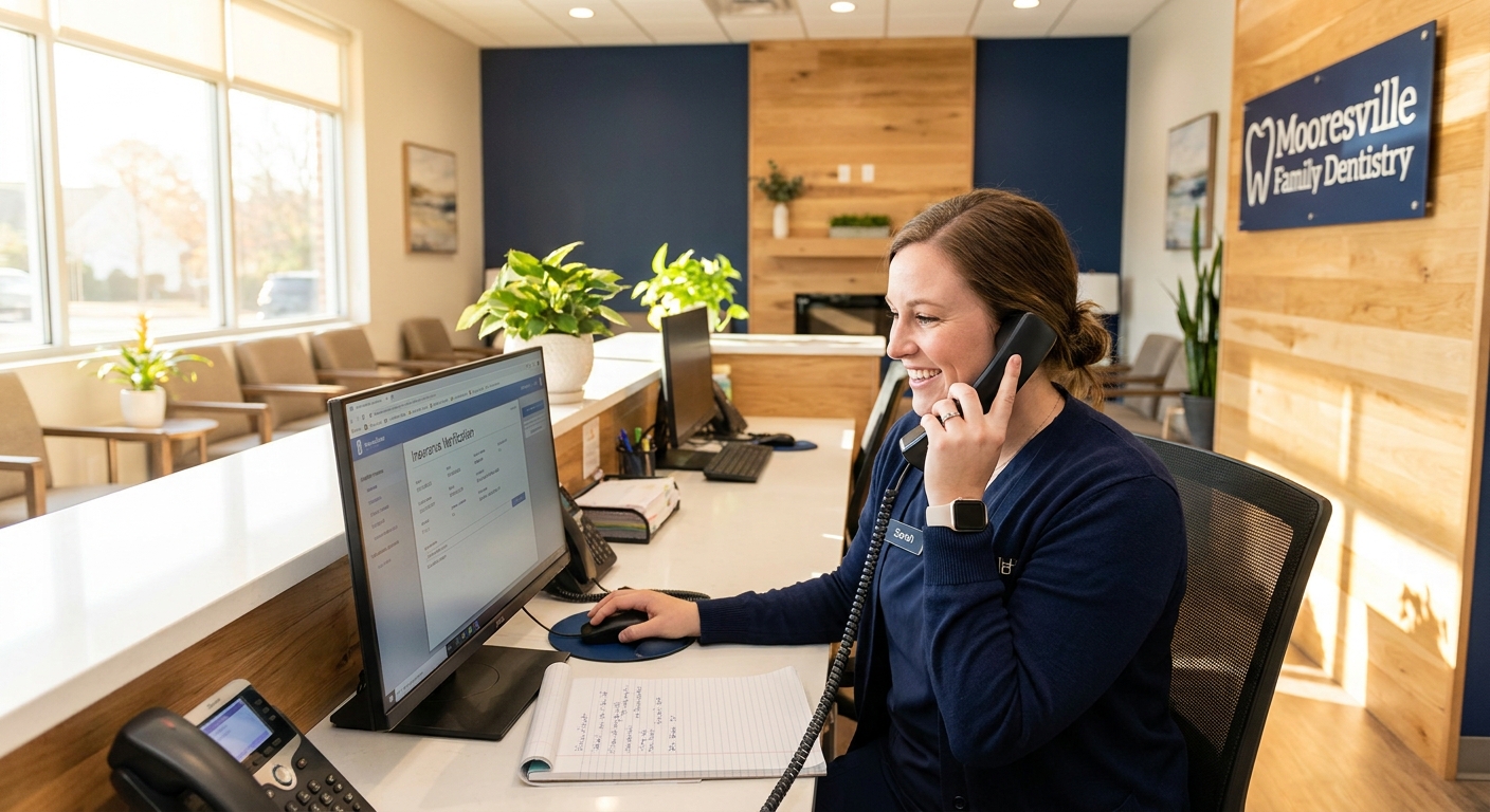 Friendly receptionist at Rivers Edge Dental front desk in Mooresville NC verifying BlueCross BlueShield insurance coverage over the phone