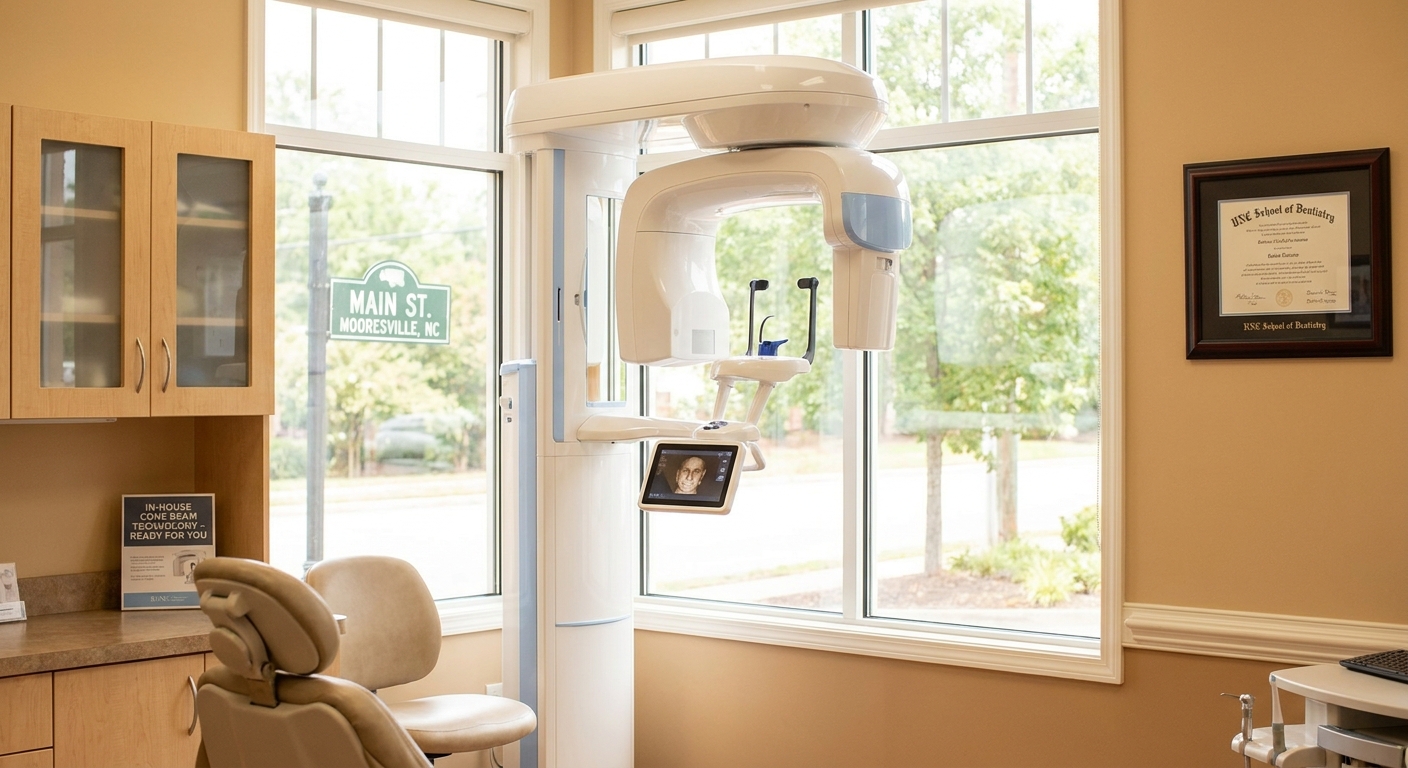 Cone beam CT dental scanner in treatment room at Rivers Edge Dental Mooresville NC for dental implant planning