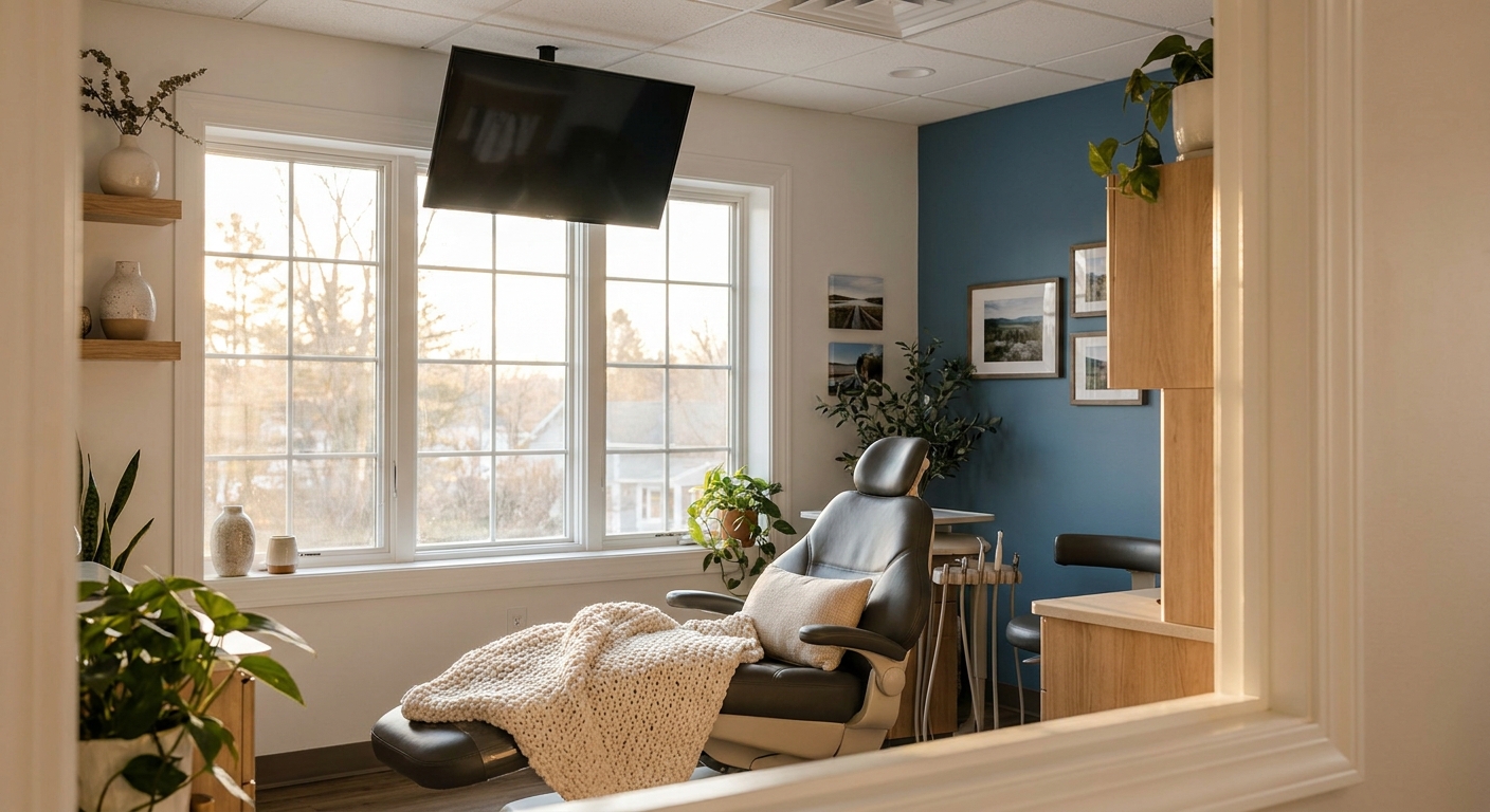 Comfortable dental treatment room at Rivers Edge Dental in Mooresville showing natural window light, ceiling TV, blanket on chair, and instruments kept out of patient view