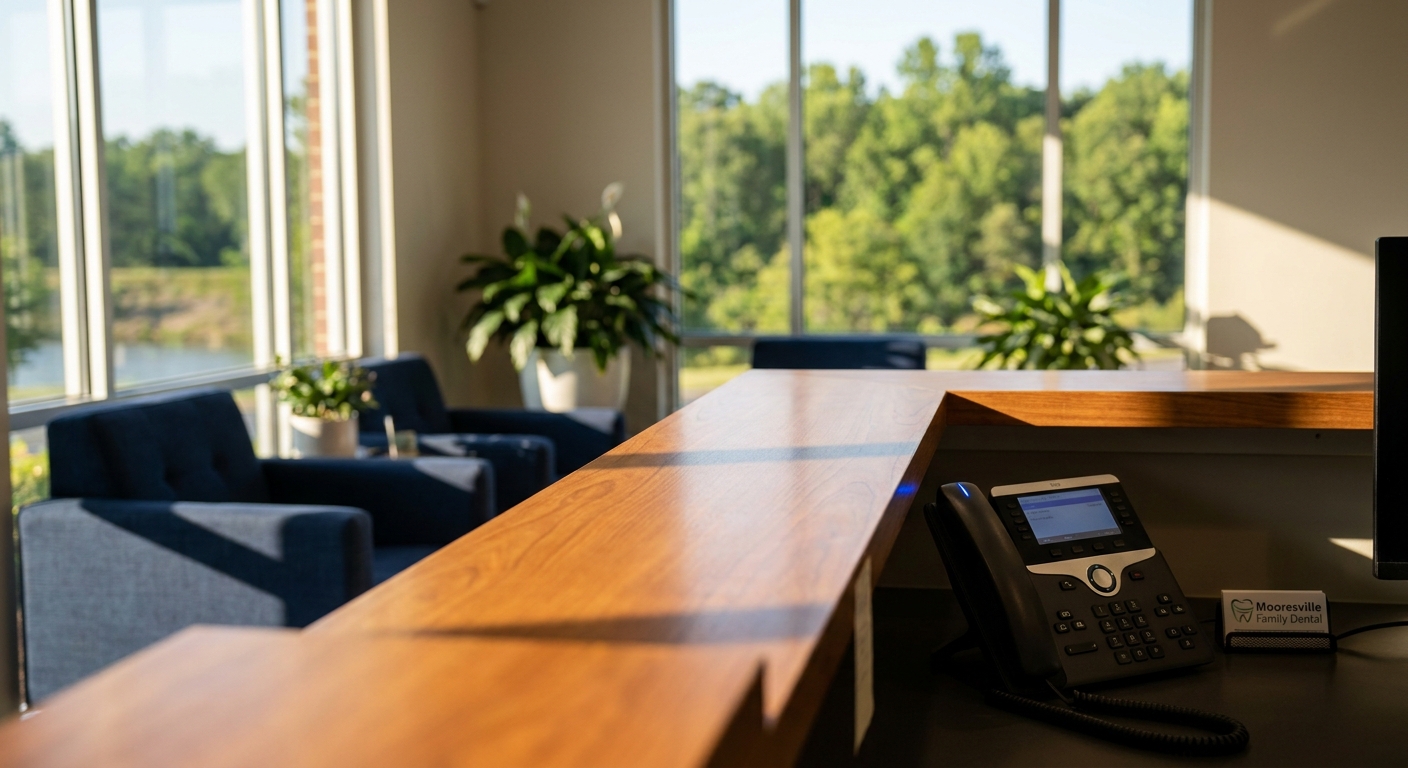 Reception desk with phone at Rivers Edge Dental in Mooresville, NC, showing the morning availability for same-day emergency dental appointments